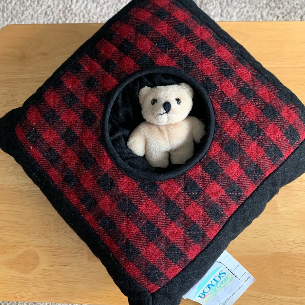 Boyds Bears Home Buffalo plaid throw pillow with bear